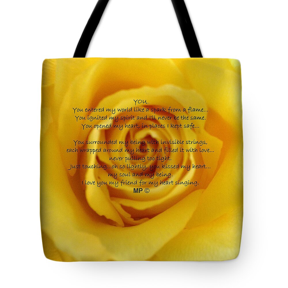 Poetry Tote Bag featuring the photograph You Poem on Yellow Rose by Marian Lonzetta