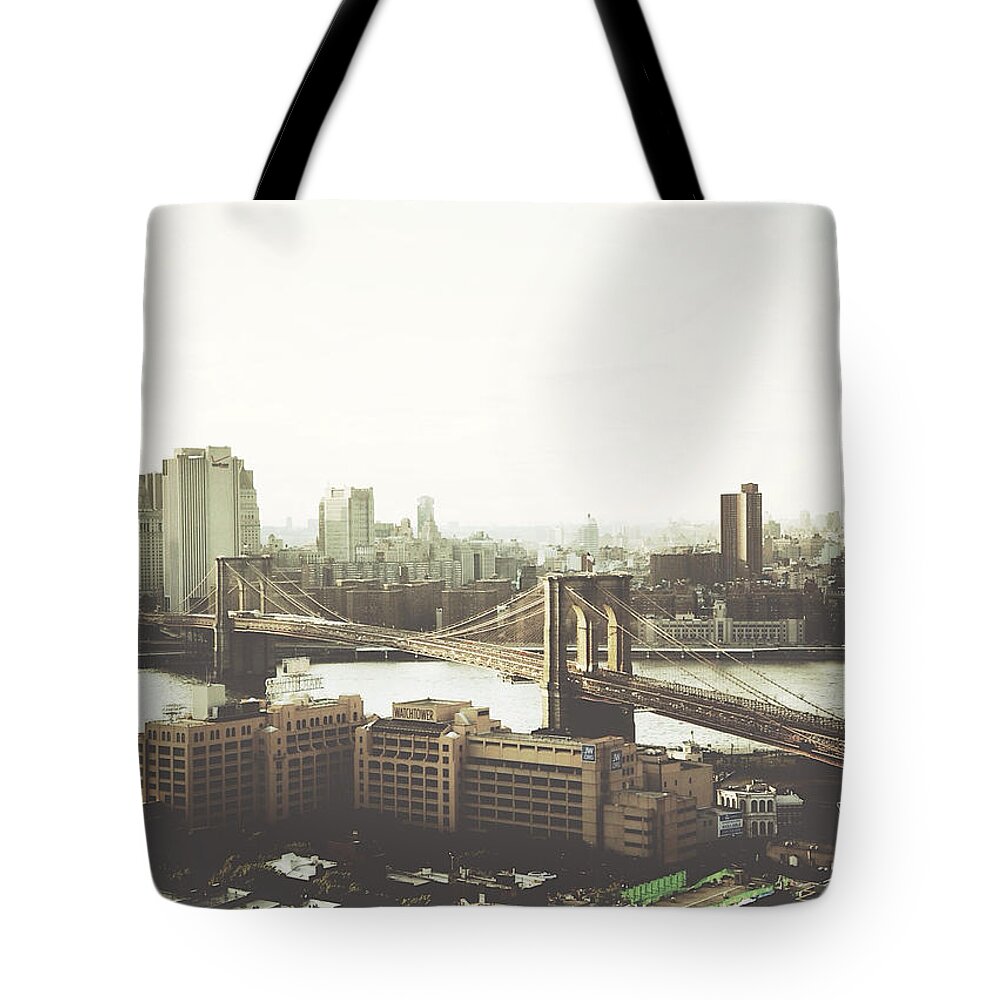 Brooklyn Bridge Tote Bag featuring the photograph You'll miss her most when you roam ... cause you'll think of her and think of home ... the good old Brooklyn Bridge by Natasha Marco