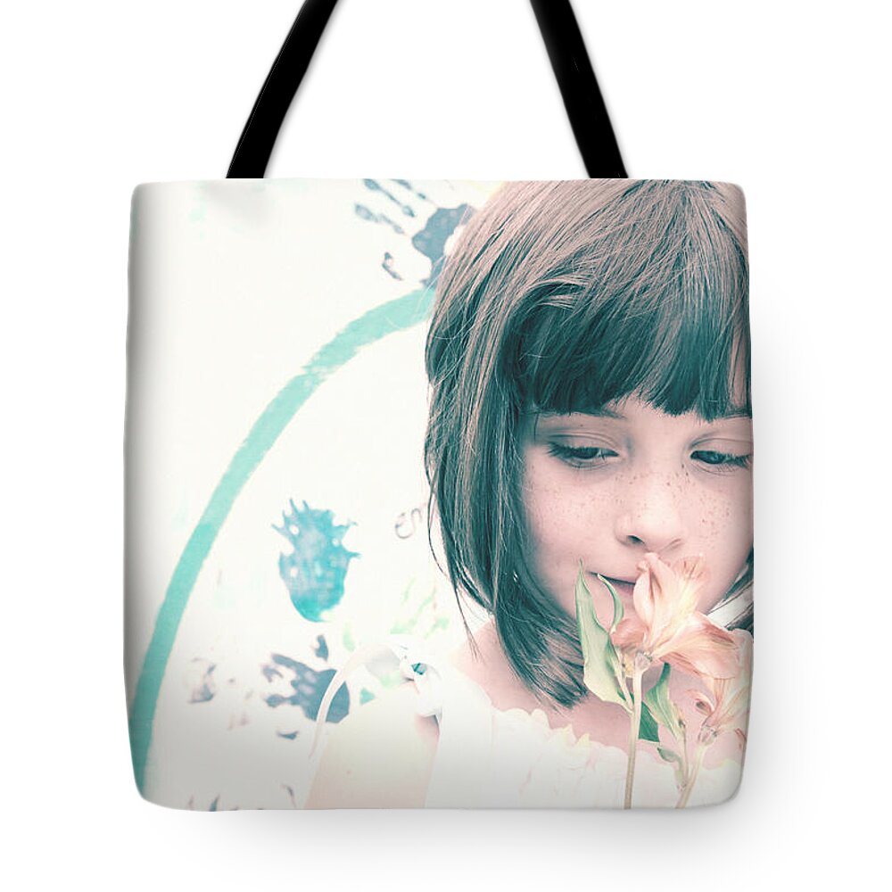 Girl Tote Bag featuring the photograph Young Girl with Flowers by Jan Marvin by Jan Marvin