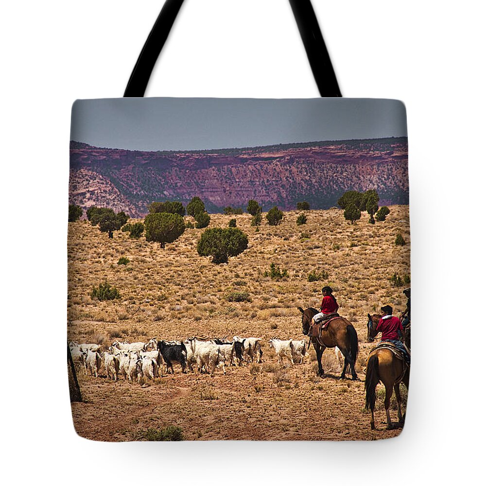 Horses Tote Bag featuring the photograph Young Goat Herders by Priscilla Burgers