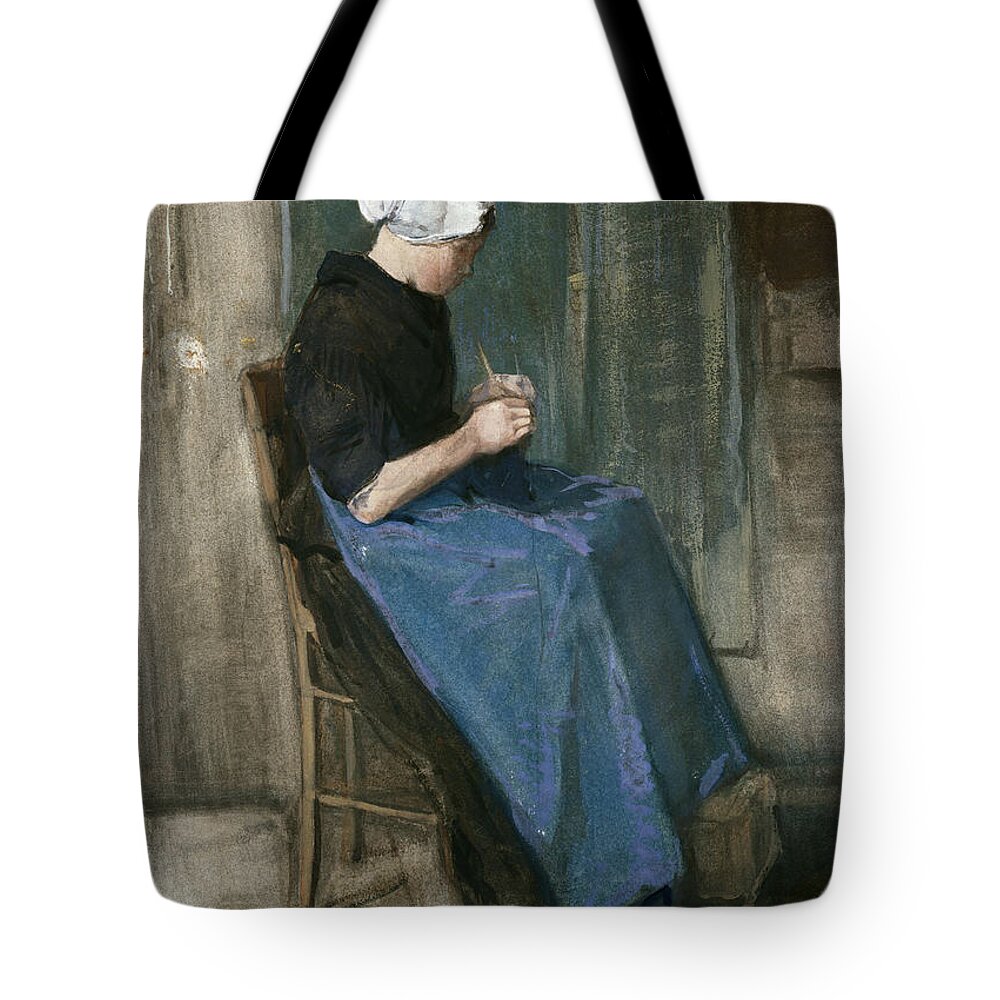 Post-impressionist Tote Bag featuring the painting Young Scheveningen Woman Knitting Facing Right by Vincent van Gogh
