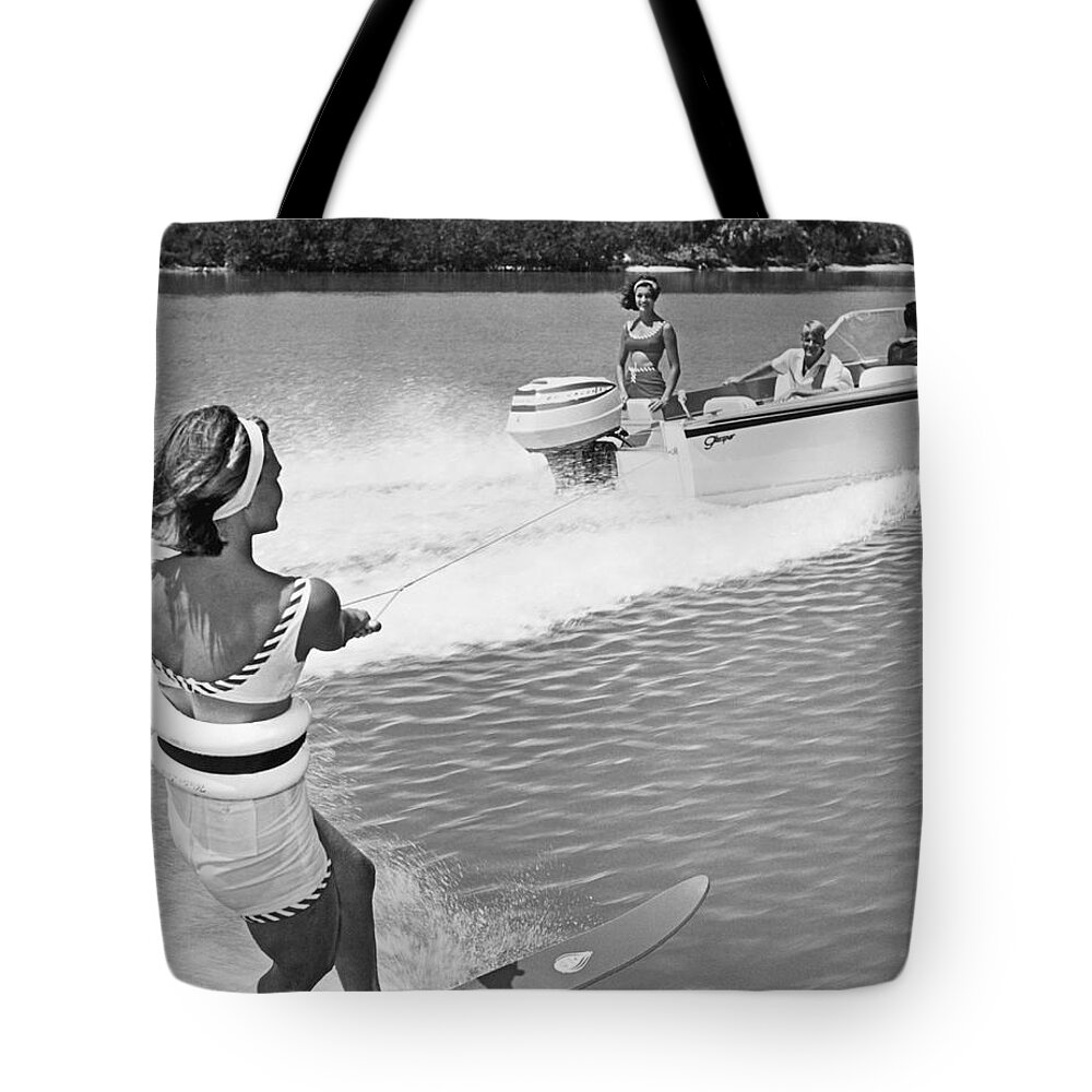 1960s Tote Bag featuring the photograph Young Woman Slalom Water Skis by Underwood Archives