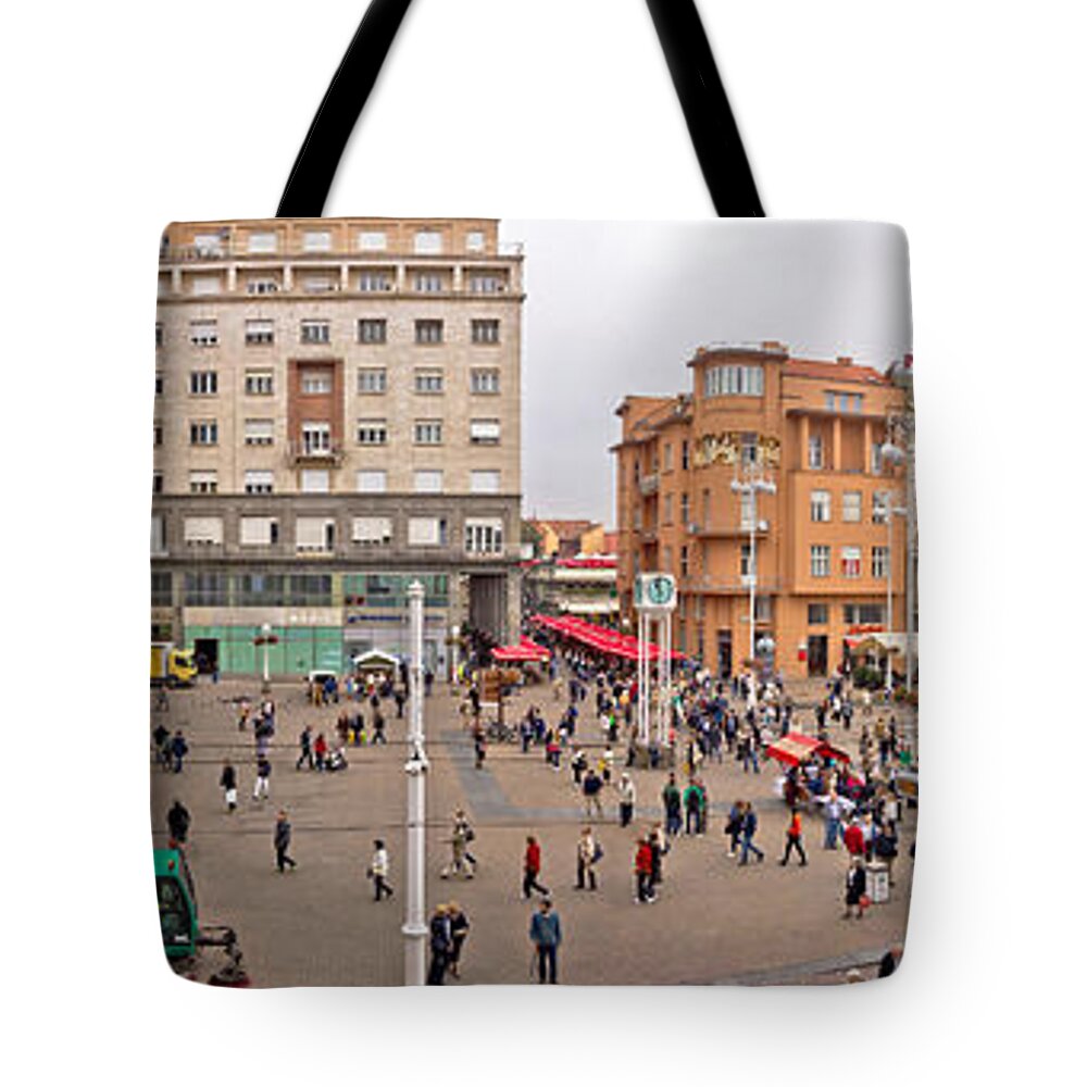 Editorial Tote Bag featuring the photograph Zagreb main square aerial panorama by Brch Photography