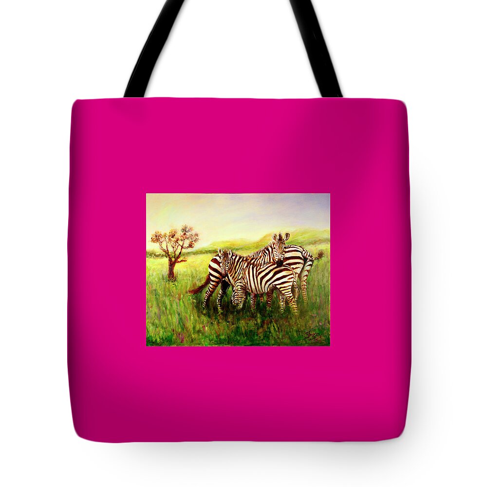 Zebra Tote Bag featuring the painting Zebras at Ngorongoro Crater by Sher Nasser