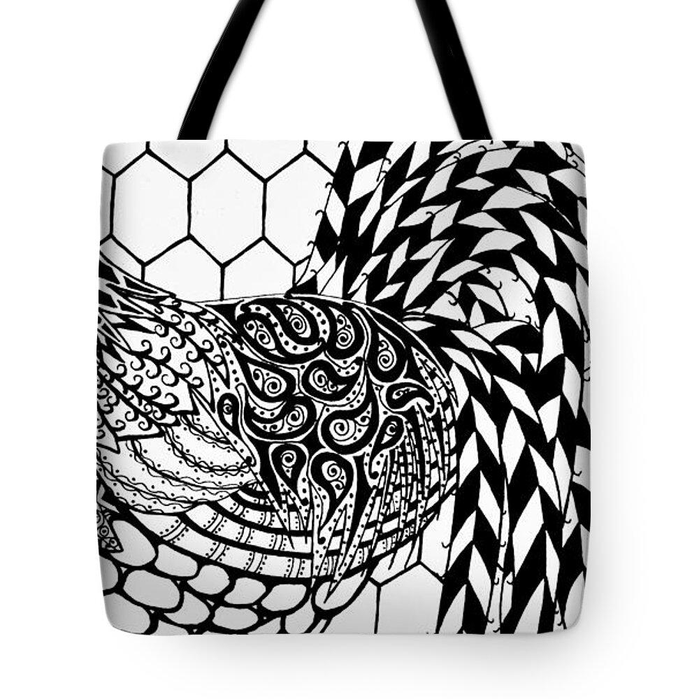 Rooster Tote Bag featuring the drawing Zentangle Rooster by Jani Freimann