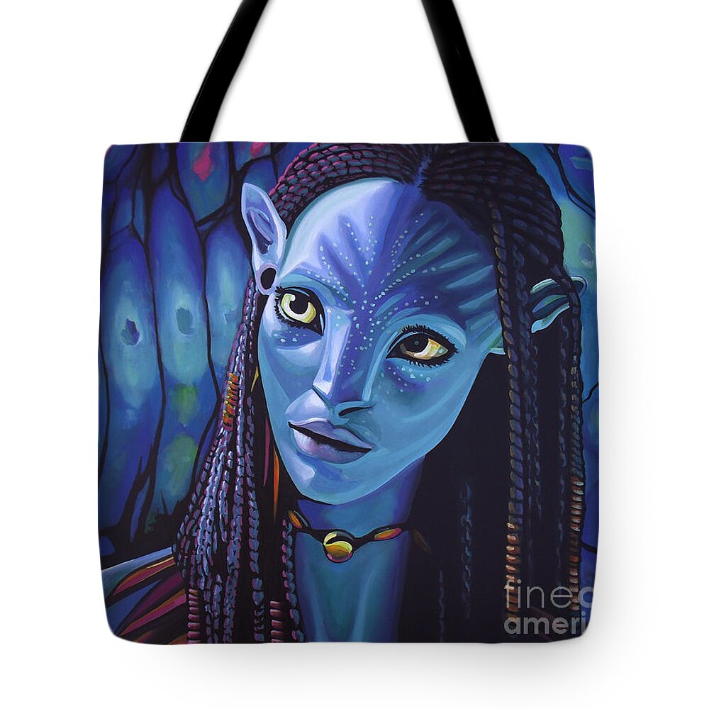 Avatar Tote Bag featuring the painting Zoe Saldana as Neytiri in Avatar by Paul Meijering
