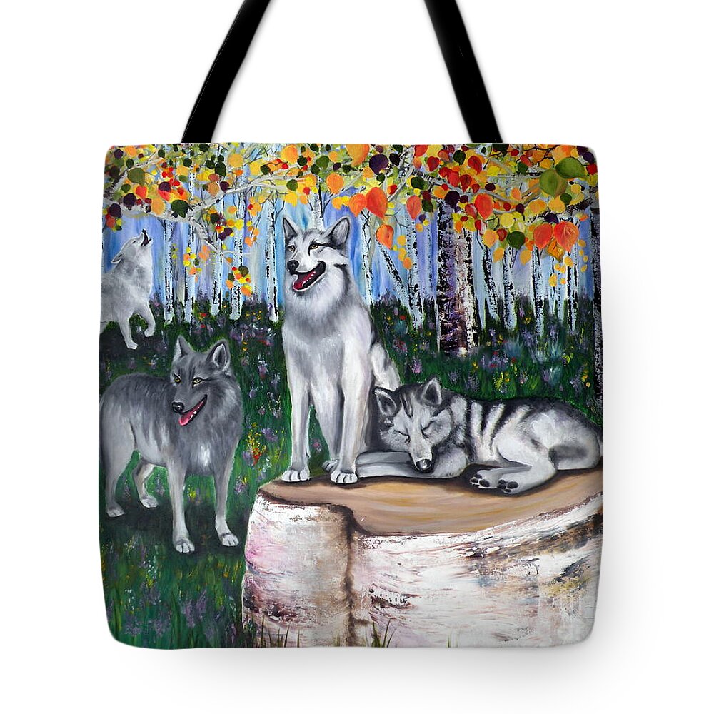 Wolves Tote Bag featuring the painting Zorros Wolves Amid the Aspens by Lora Duguay