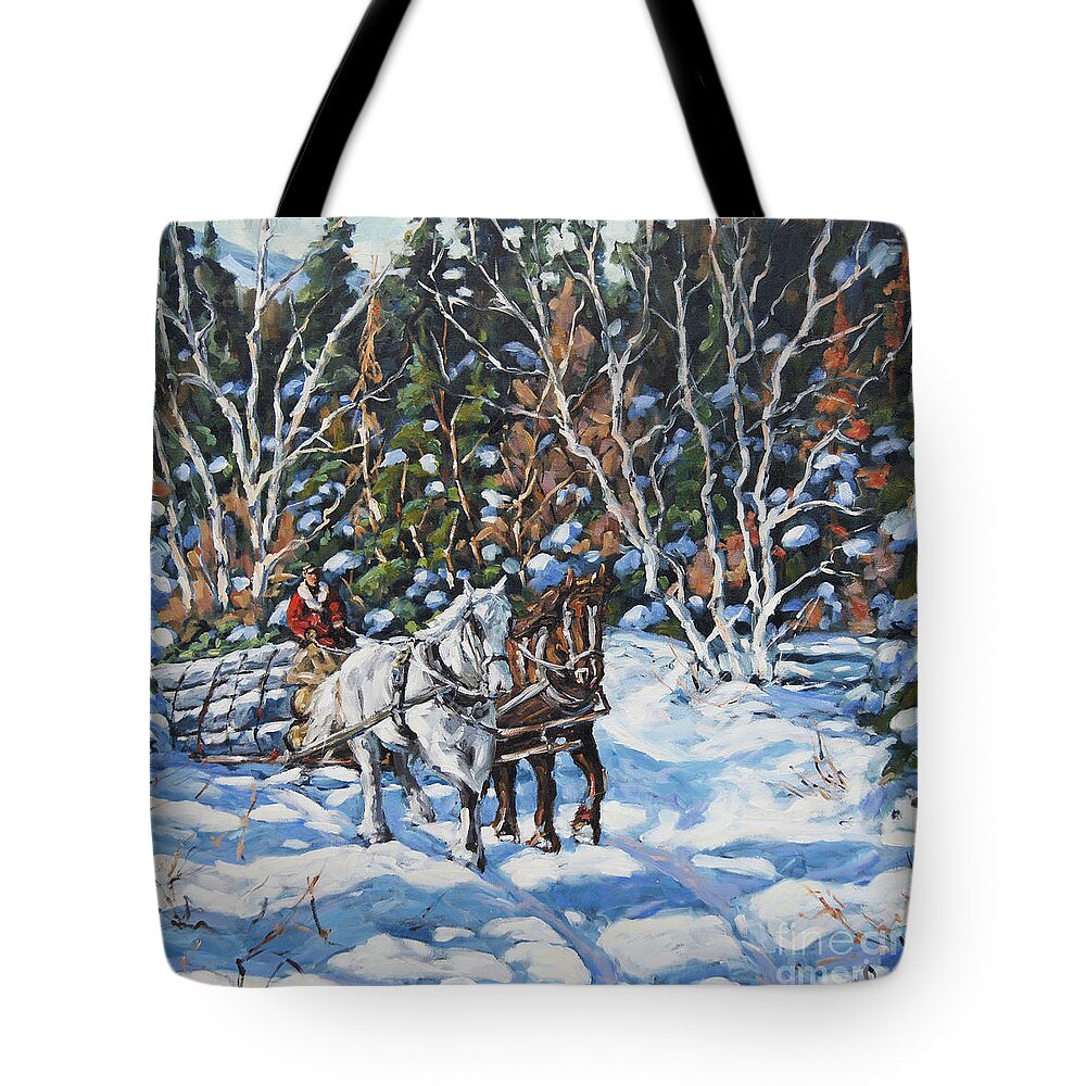 Art Tote Bag featuring the painting Horses Hauling wood in winter by Prankearts by Richard T Pranke