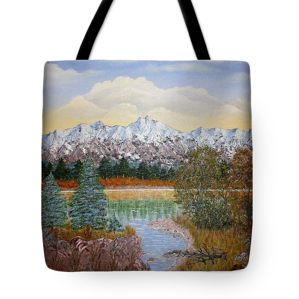 Landscape With Water Mountain Trees Tote Bag featuring the painting Mountain Fall by Georgeta Blanaru
