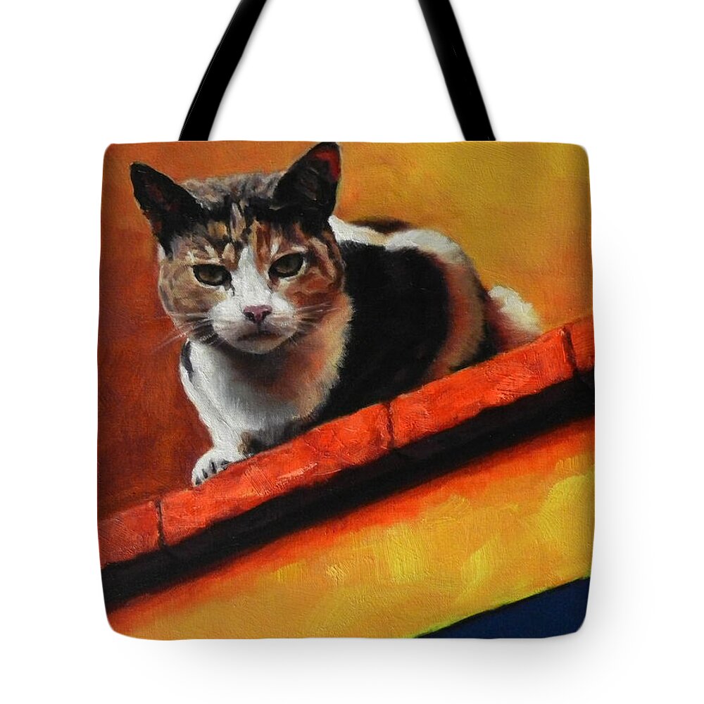 Animal Tote Bag featuring the painting A top cat in the shadow, Peru Impression by Ningning Li