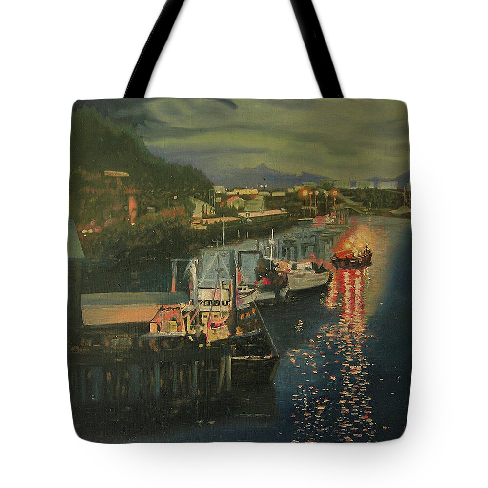 Juneau Alaska Tote Bag featuring the painting An Evening in Juneau Alaska by Thu Nguyen