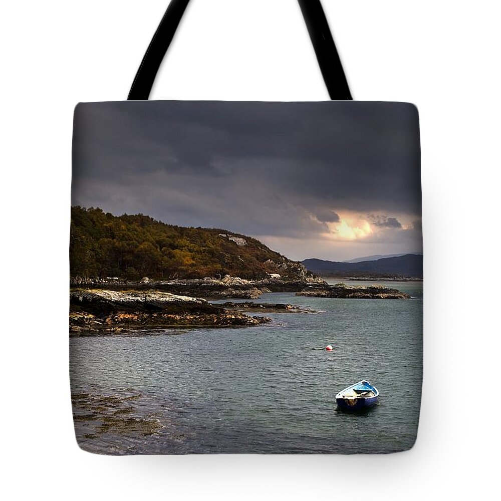 Anchored Tote Bag featuring the photograph Boat In Water, Loch Sunart, Scotland #1 by John Short