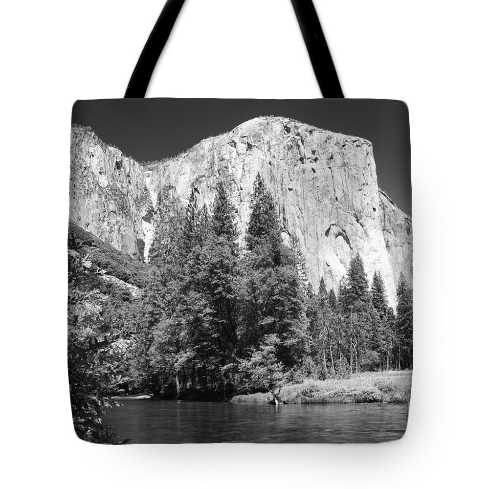 Black&white Tote Bag featuring the photograph El Capitan and Merced River #1 by Sandra Bronstein