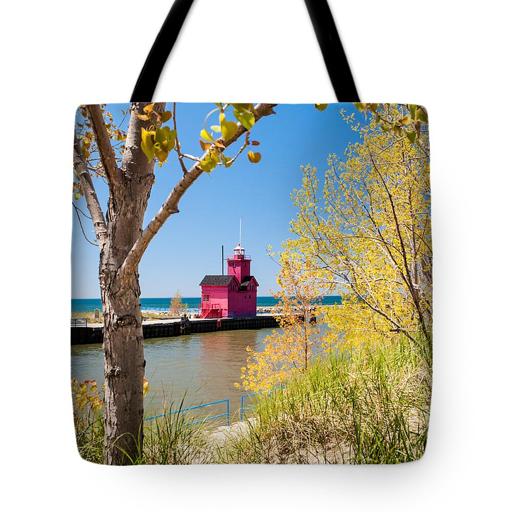 Holland Tote Bag featuring the photograph Holland MI Lighthouse #1 by Larry Carr