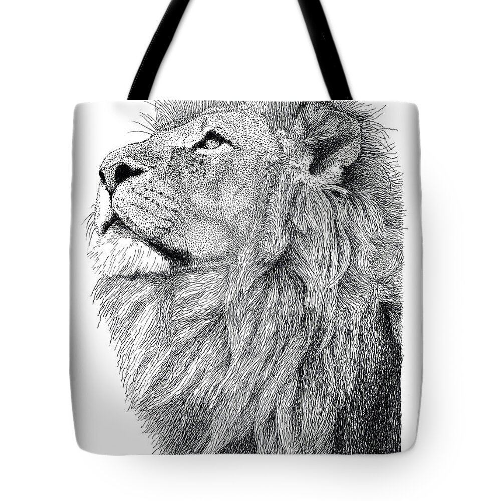 Lion Tote Bag featuring the drawing Lion #1 by Scott Woyak