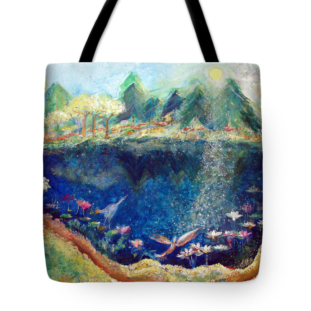 Lotus Lake Tote Bag featuring the painting Lotus Lake #1 by Ashleigh Dyan Bayer