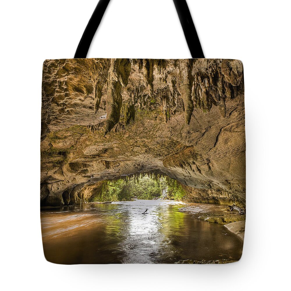 00441948 Tote Bag featuring the photograph Moria Gate Arch And Oparara River #1 by Colin Monteath