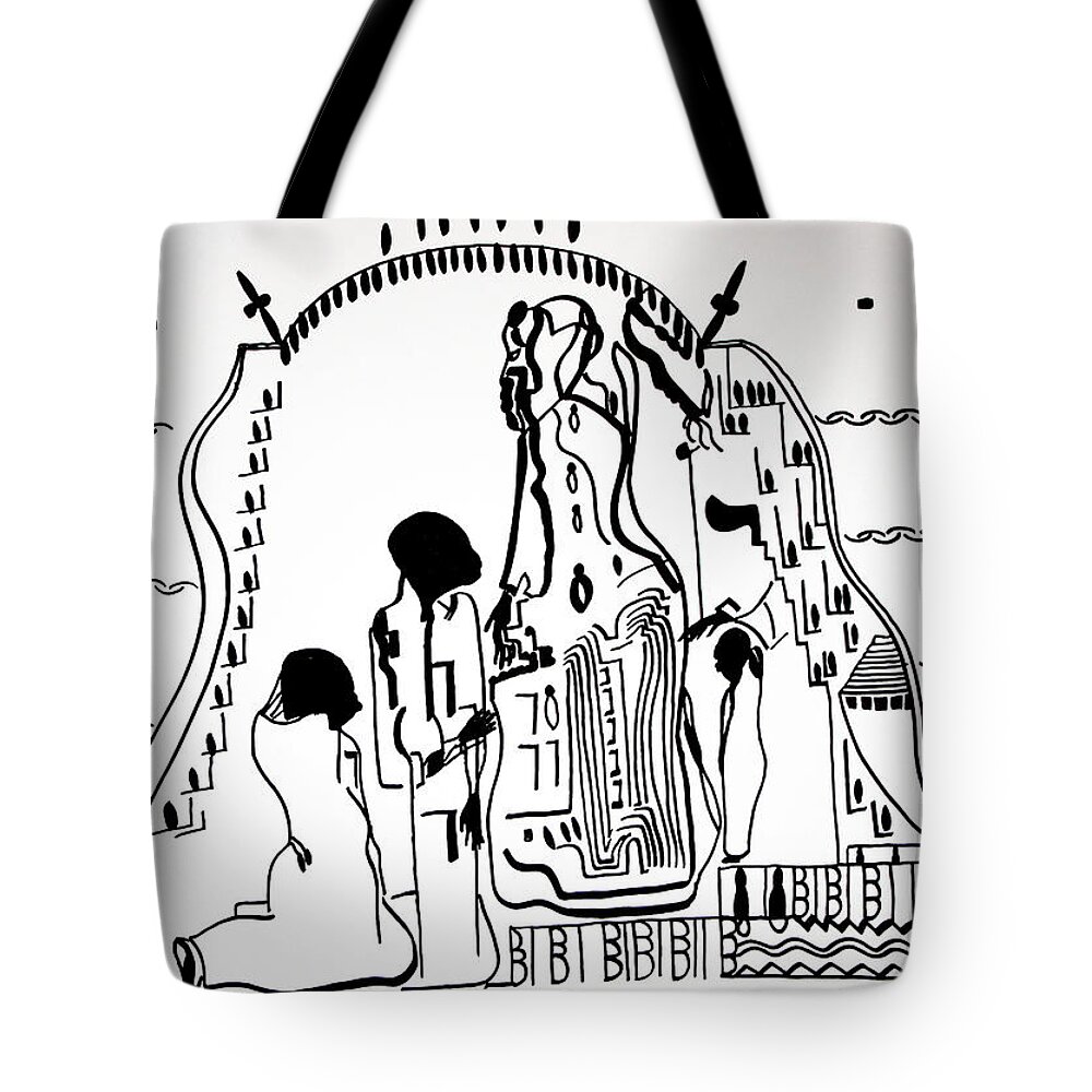Jesus Tote Bag featuring the drawing Presentation of Jesus in the Temple #1 by Gloria Ssali