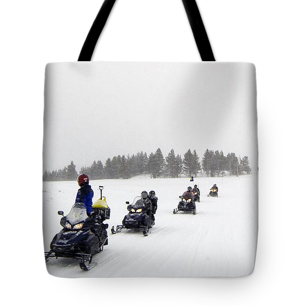 Snowmobiles Tote Bag featuring the photograph Snowmobiles In Yellowstone #1 by J L Woody Wooden