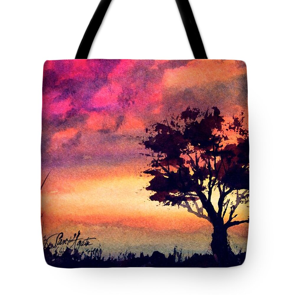 Red Tote Bag featuring the painting Sunset Solitaire #1 by Frank SantAgata