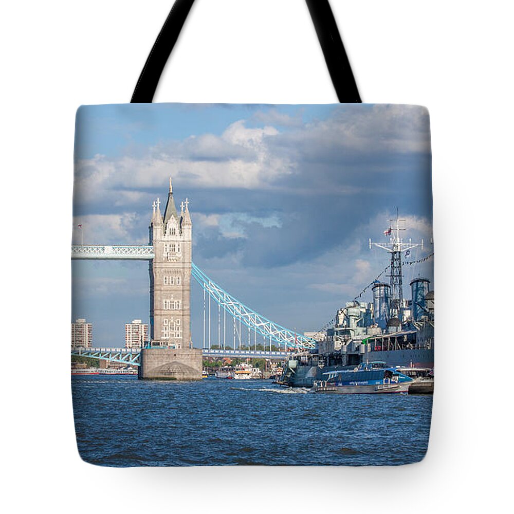 Dawn Oconnor Dawnoconnorphotos@gmail.com Tote Bag featuring the photograph Tower Bridge and HMS Belfast #1 by Dawn OConnor