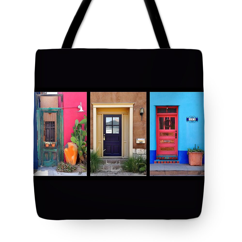Tucson Tote Bag featuring the photograph Tucson Barrio Door Trio by Mark Valentine