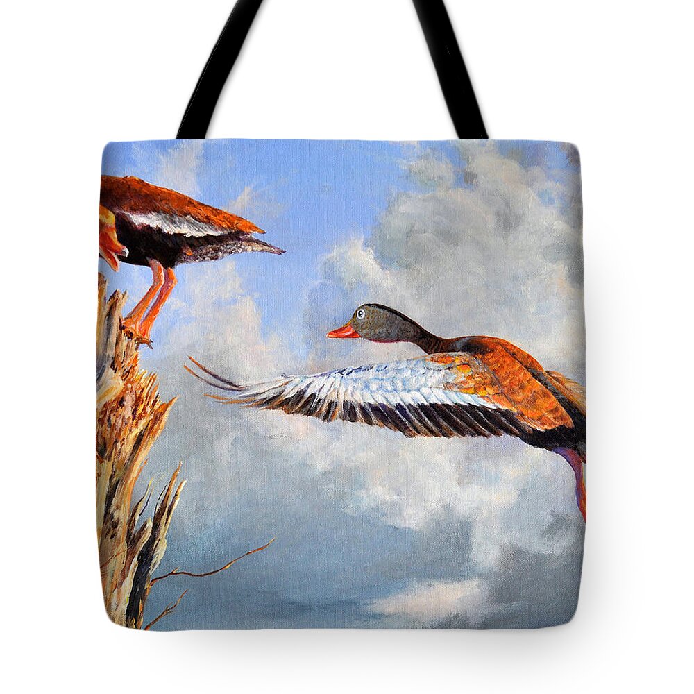 Black Bellied Whistling Ducks Tote Bag featuring the painting What are you whistling at #1 by AnnaJo Vahle