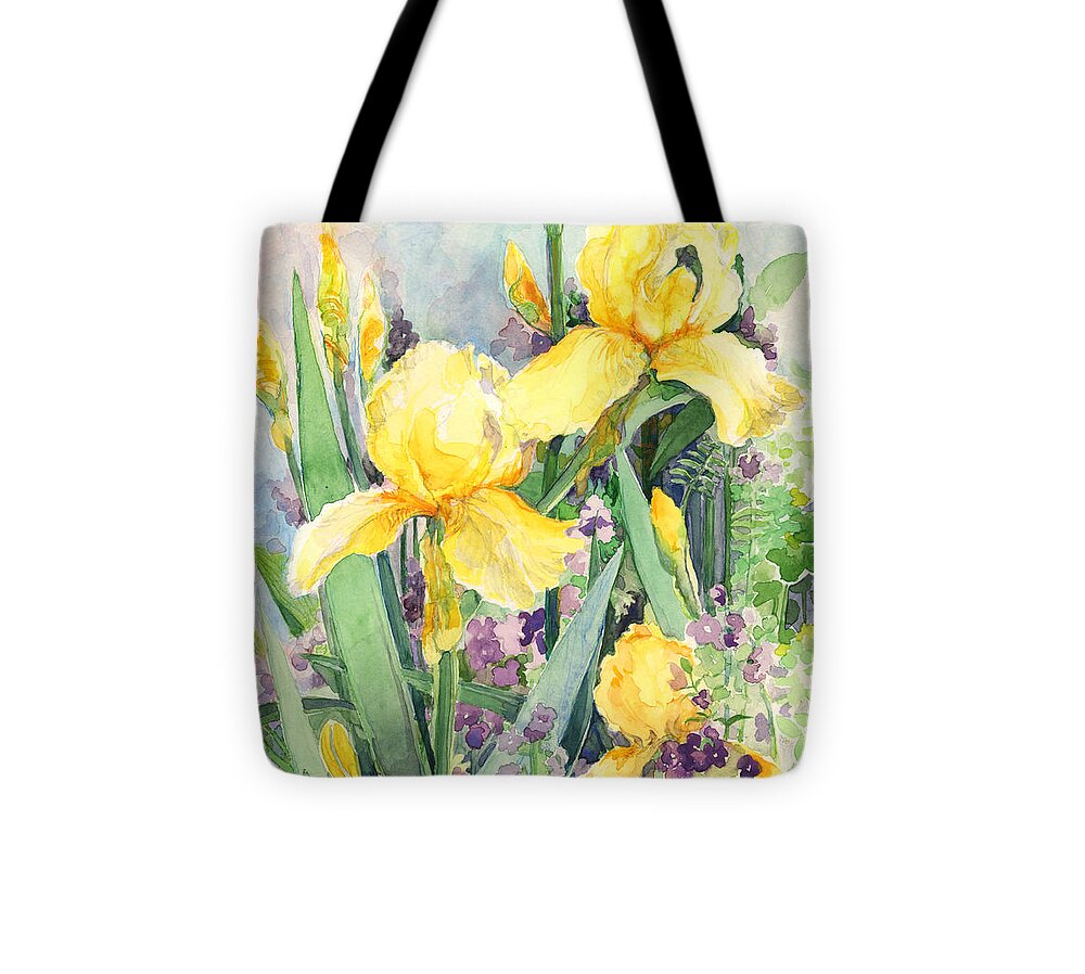 Iris Tote Bag featuring the painting Yellow iris by Nancy Watson