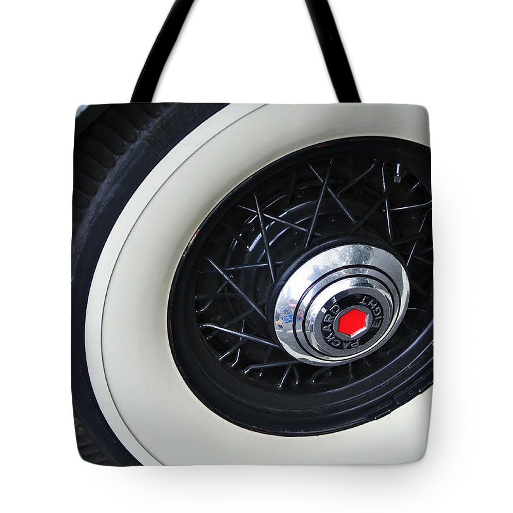 Photography Tote Bag featuring the photograph 1934 Packard Eight - Rear Wheel by Kaye Menner