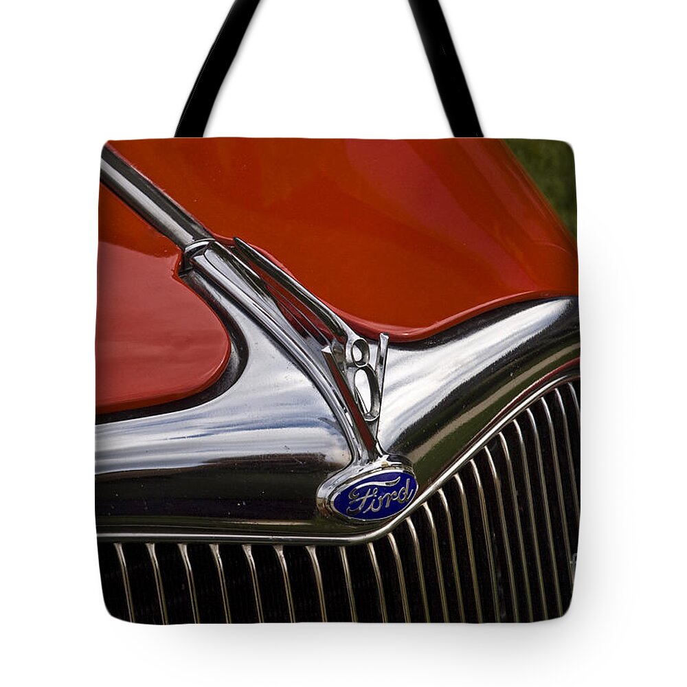 1936 Tote Bag featuring the photograph 1936 Ford V8 Hood Ornament by Tim Mulina