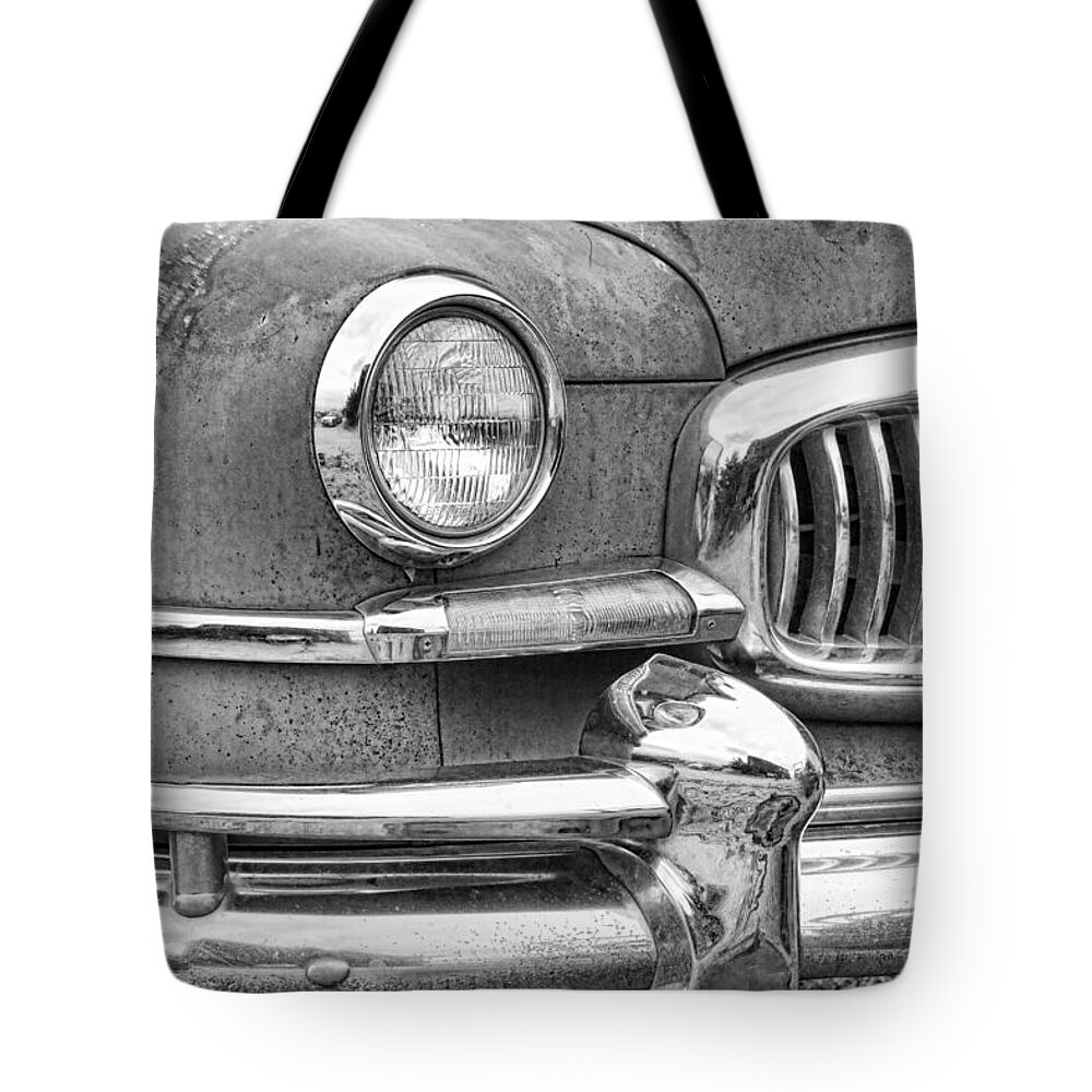 1951 Tote Bag featuring the photograph 1951 Nash Ambassador Front End Closeup BW by James BO Insogna