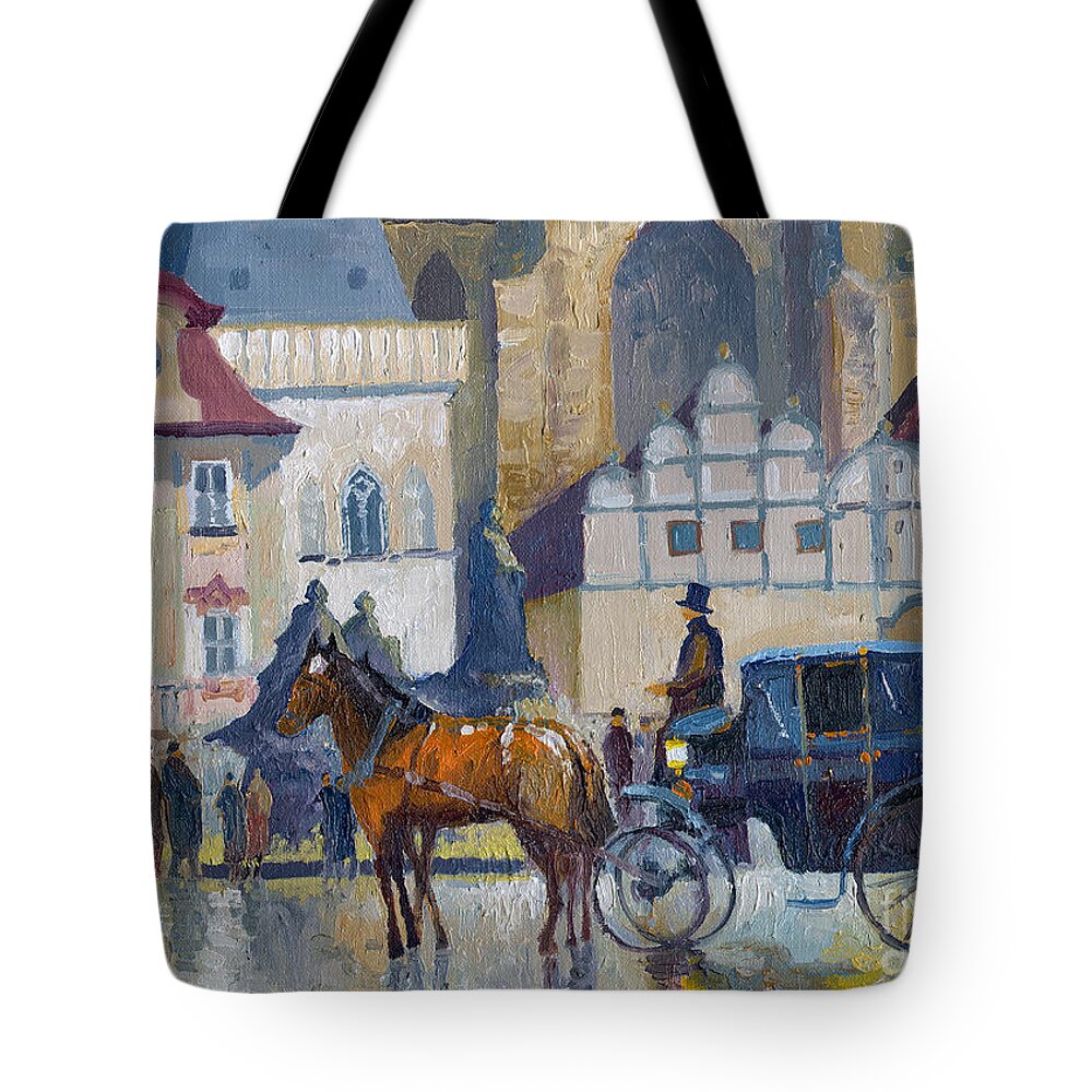 Oil On Canvas Tote Bag featuring the painting Prague Old Town Square 01 by Yuriy Shevchuk