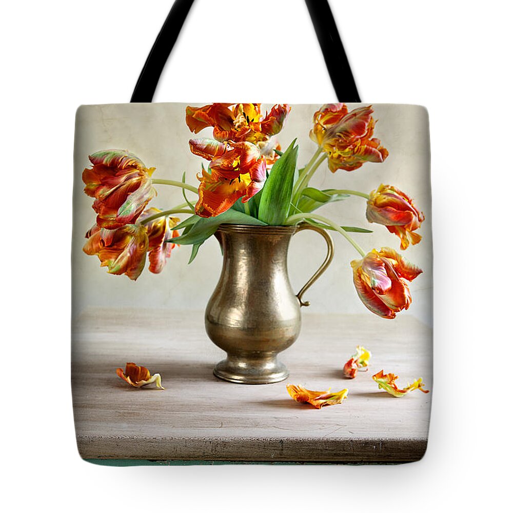 Petals Tote Bag featuring the photograph Still Life with Tulips by Nailia Schwarz