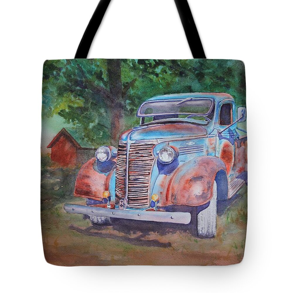 Old Truck Tote Bag featuring the painting '38 Chevy by Ruth Kamenev