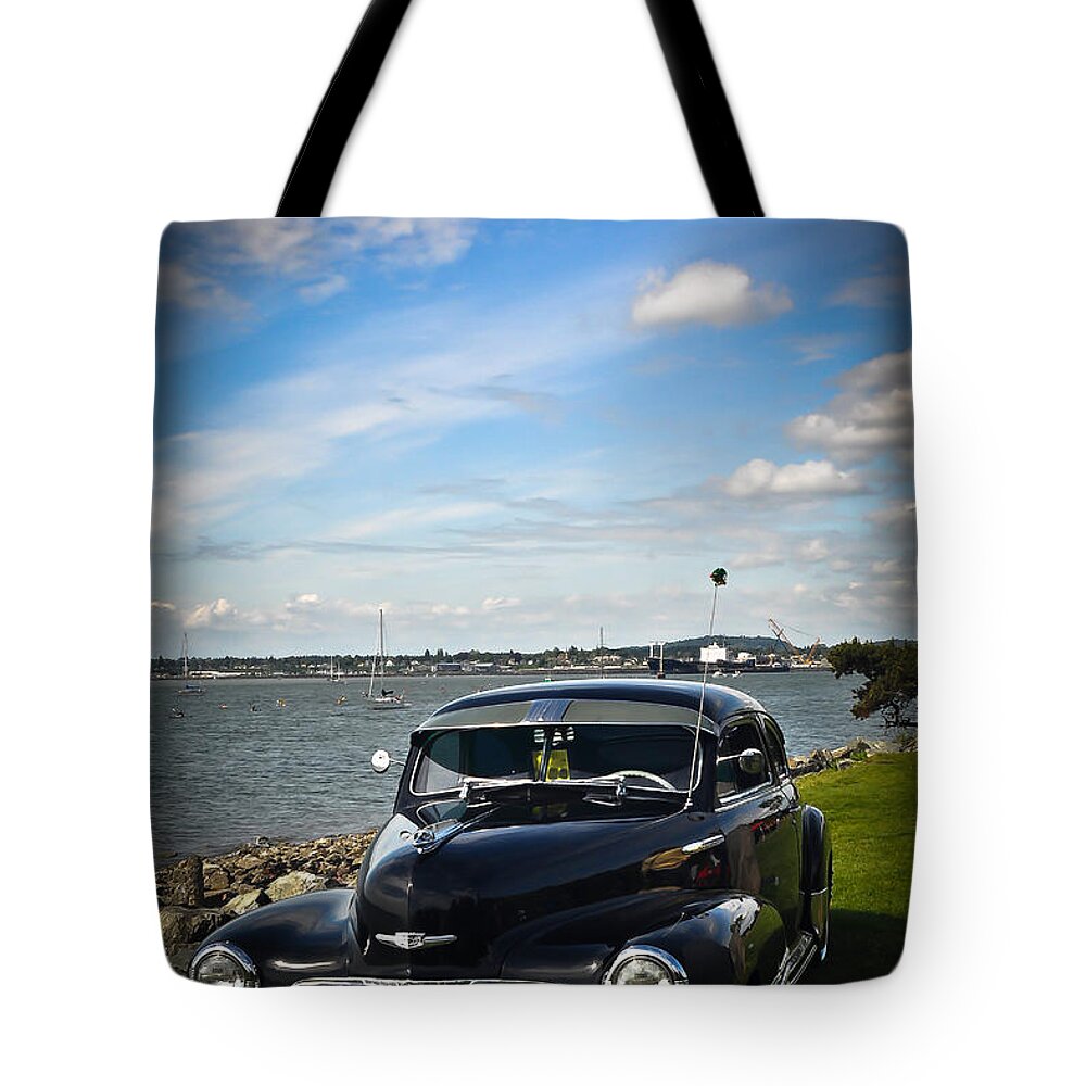Bellingham Washington Tote Bag featuring the photograph '47 Chevy by the Bay #47 by Ronda Broatch