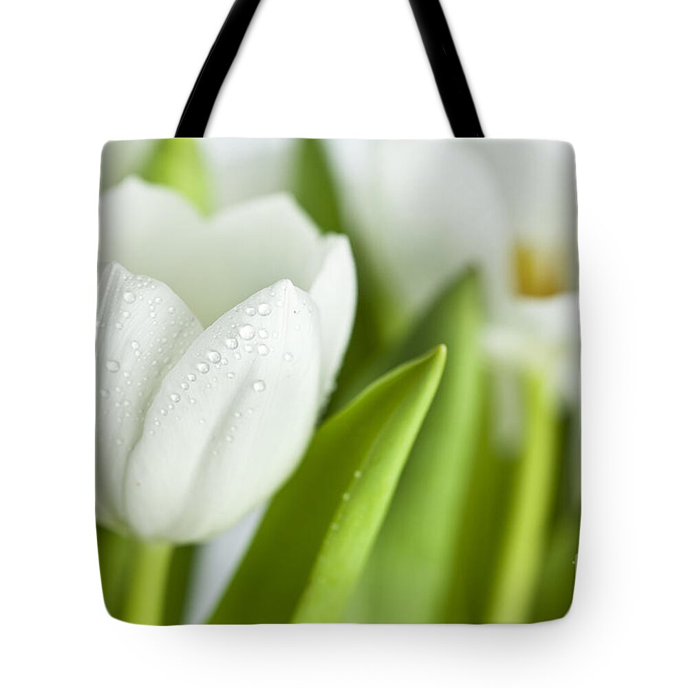 Dew Tote Bag featuring the photograph White Tulips by Nailia Schwarz