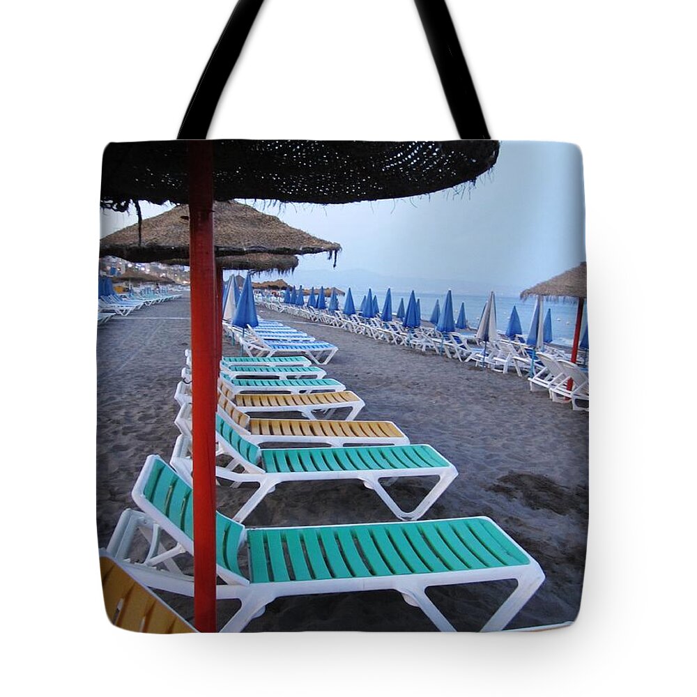 Umrbella Tote Bag featuring the photograph Beach Umbrellas and Chairs Costa Del Sol Spain #7 by John Shiron