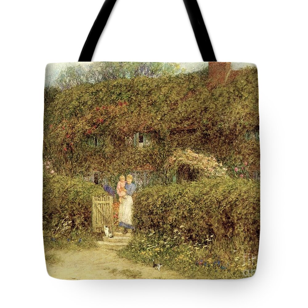 Mother And Child; Gate; Rural Scene; Country; Countryside; Home; Path; Garden; Wildflowers; Roses; Picturesque; Idyllic; Daughter; Cat; Vines; House; Female Tote Bag featuring the painting A Cottage at Freshwater Isle of Wight by Helen Allingham
