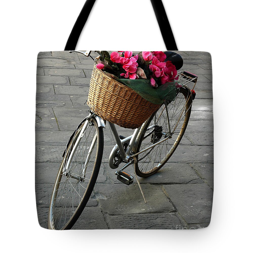 Bicycle Tote Bag featuring the photograph A Flower Delivery by Vivian Christopher
