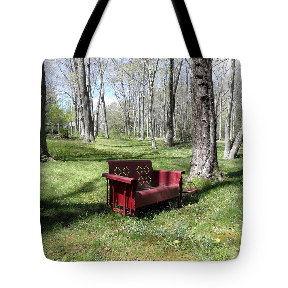 Old Metal Bench Tote Bag featuring the photograph A perfect bench in the country by Kim Galluzzo Wozniak