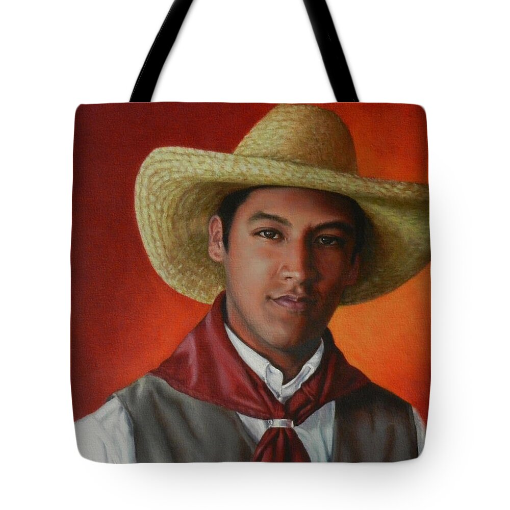Portrait Tote Bag featuring the painting A smile from the Andes, Peru Impression by Ningning Li