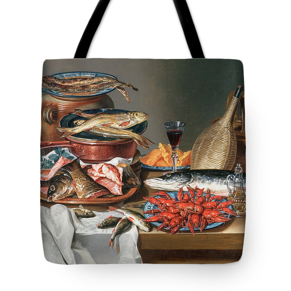 Olive Oil; Tablecloth; Herrings; Plate; Salmon; Filleted Tote Bag featuring the painting A Still Life of a Fish Trout and Baby Lobsters by Anton Friedrich Harms