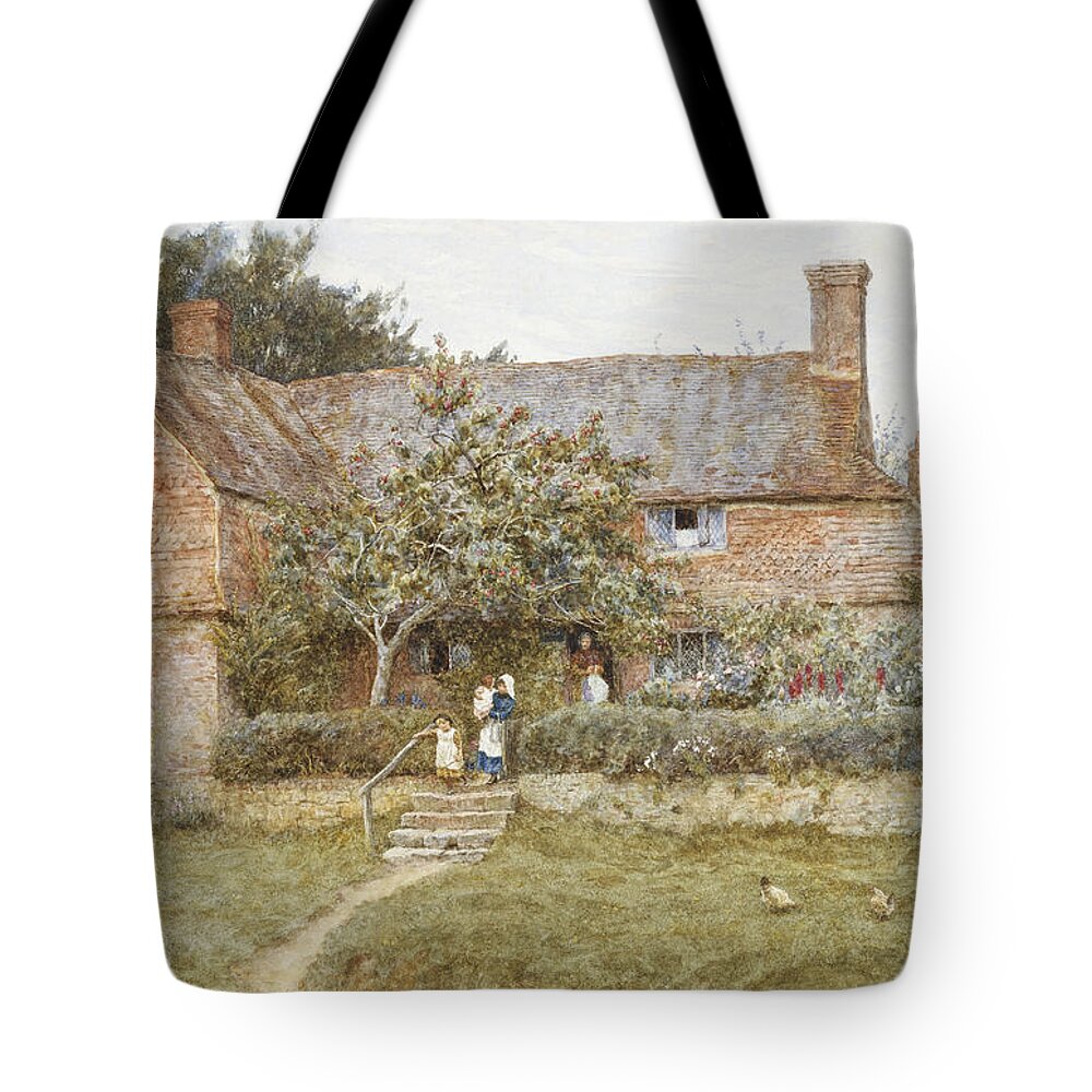 Exterior; English; Landscape; Rural; Garden; Family; Female; C19th; C20th; Victorian Tote Bag featuring the painting A Surrey Cottage with a Mother and her Children by Helen Allingham