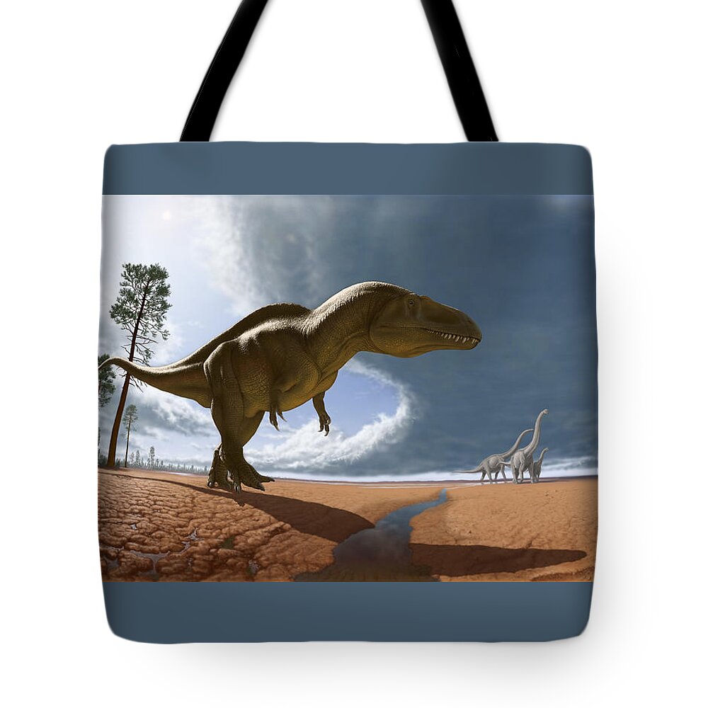 Paleoart Tote Bag featuring the digital art Acrocanthosaurus by Julius Csotonyi