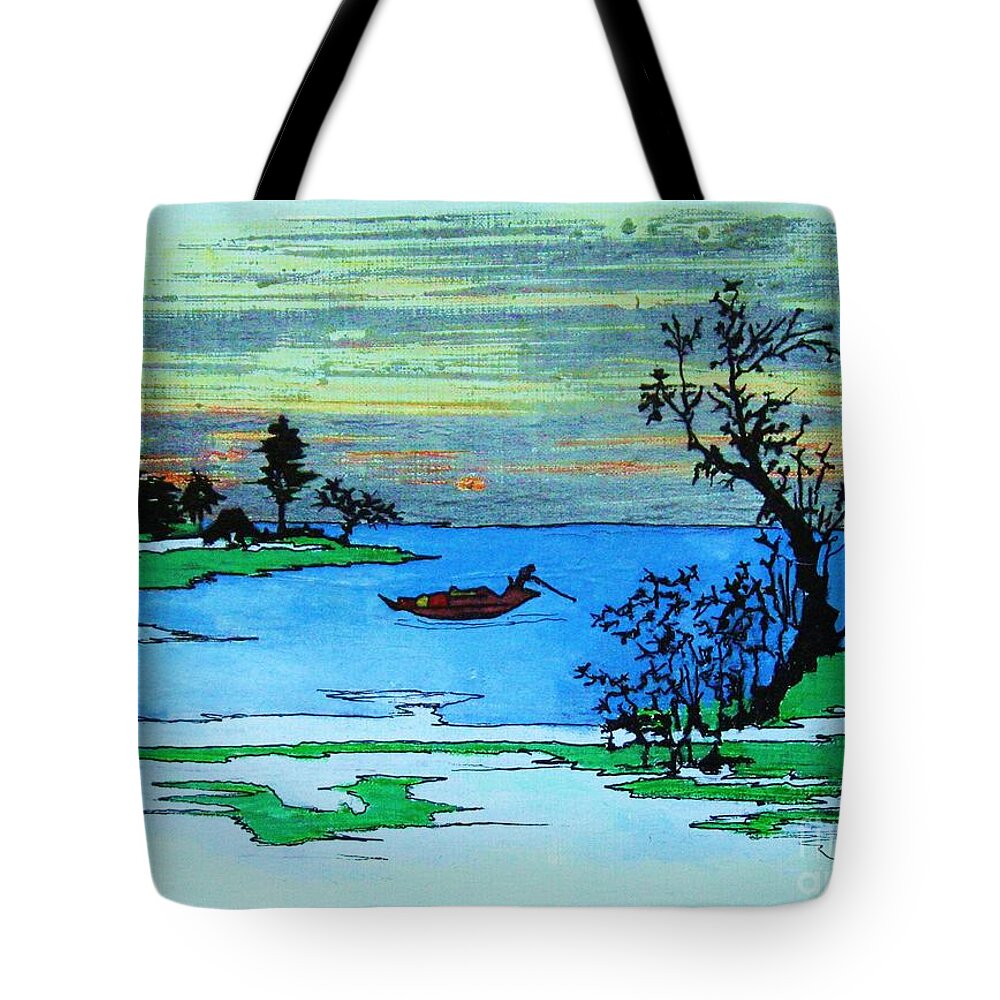 Landscape Tote Bag featuring the painting Aizu Marsh by Thea Recuerdo