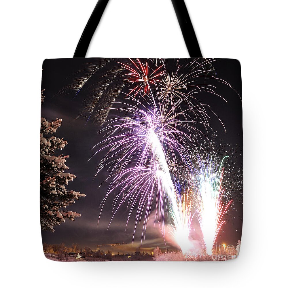 Arctic Tote Bag featuring the photograph Alaska Winter Solstice Fireworks by Gary Whitton
