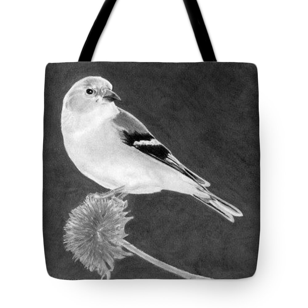 Bird Tote Bag featuring the drawing American Goldfinch by Ana Tirolese