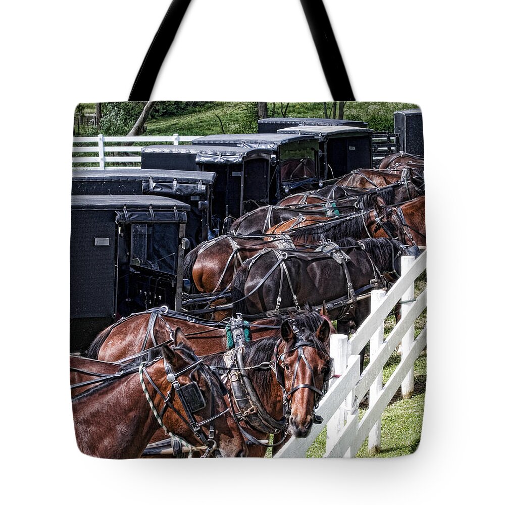 Horse Tote Bag featuring the photograph Amish Parking Lot by Tom Mc Nemar