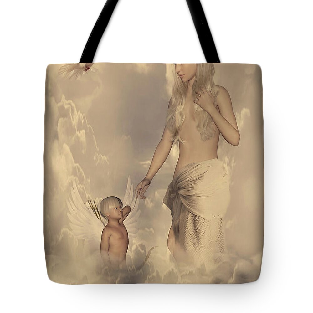 Aphrodite Tote Bag featuring the digital art Aphrodite and Eros by Lourry Legarde