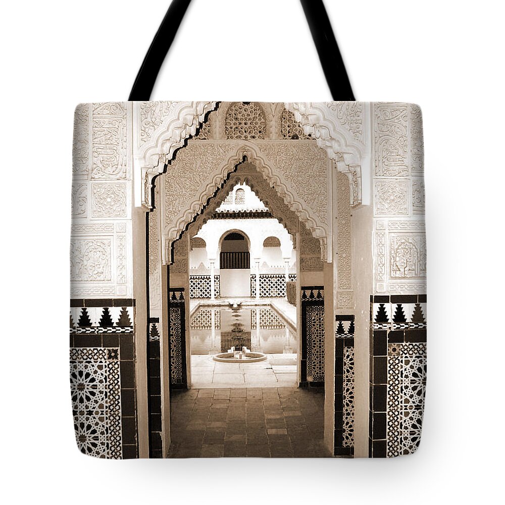Sepia Tote Bag featuring the photograph Archways in Spanish Pueblo by Donna Corless